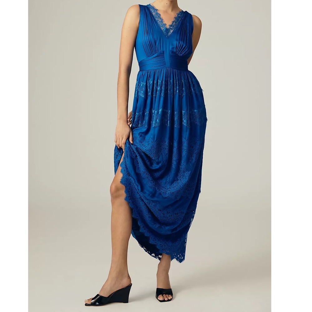 Let me be Royal Blue Lace Maxi Dress Sleeveless Pleated V-Neck Tiered Gown d5